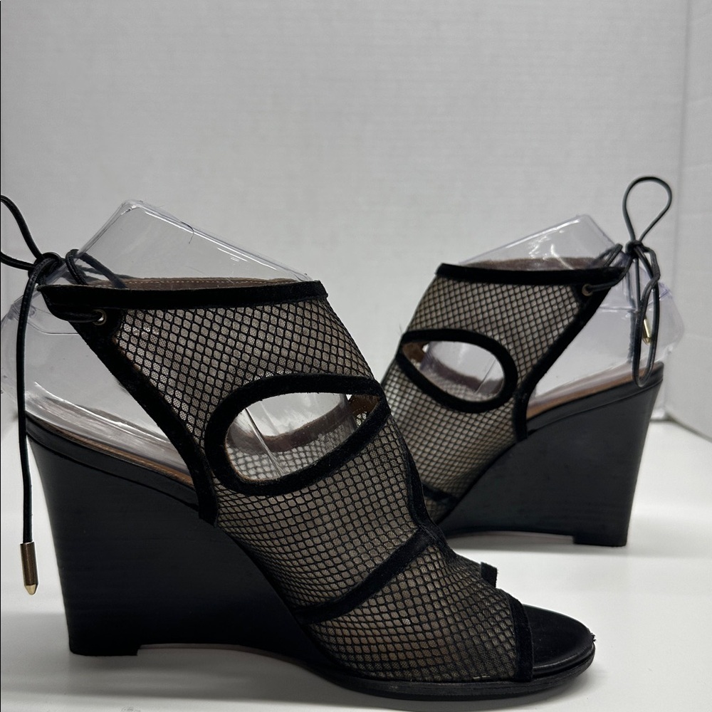 Aquazzura Sexy Thing Suede Wedges Heeled Sandals Open Toe Mesh Black Size 7.5 - Picture 6 of 12